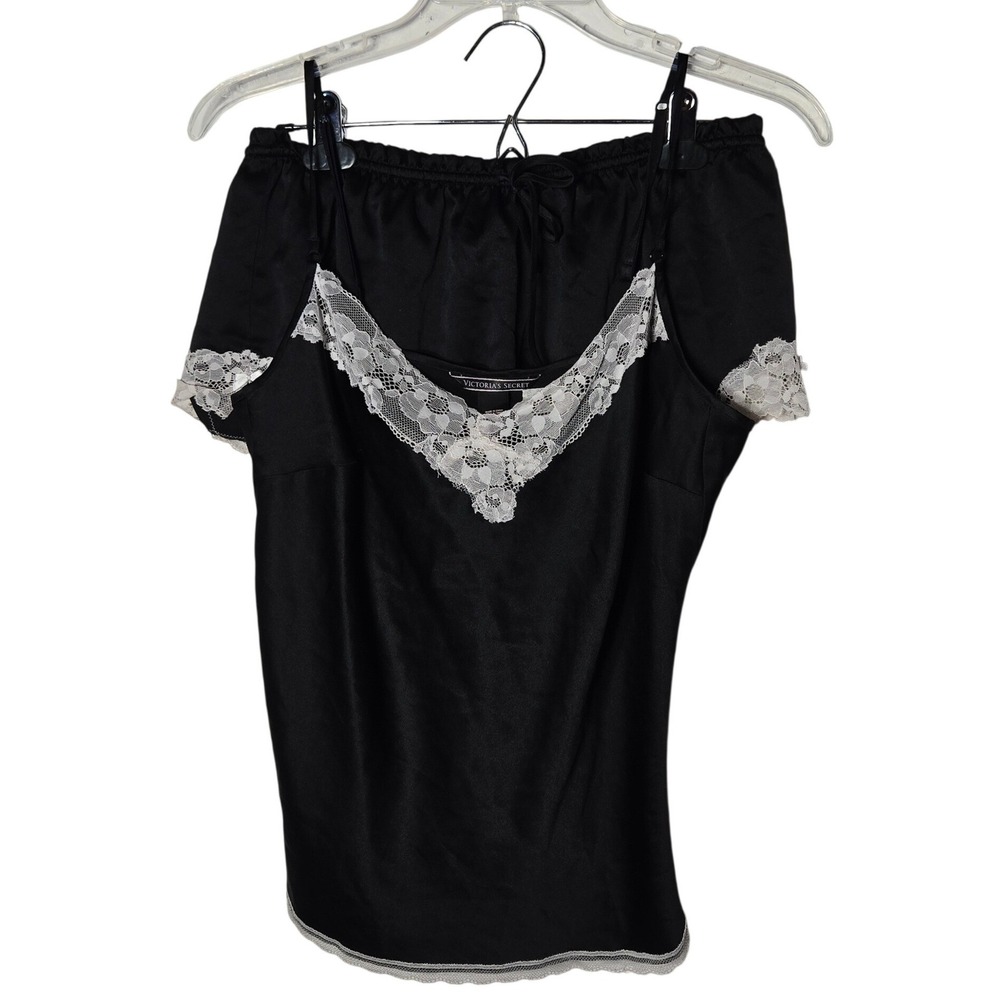 Victorias Secret Black Satin Lace Cami Tank Top Shorts Set Medium Coquette